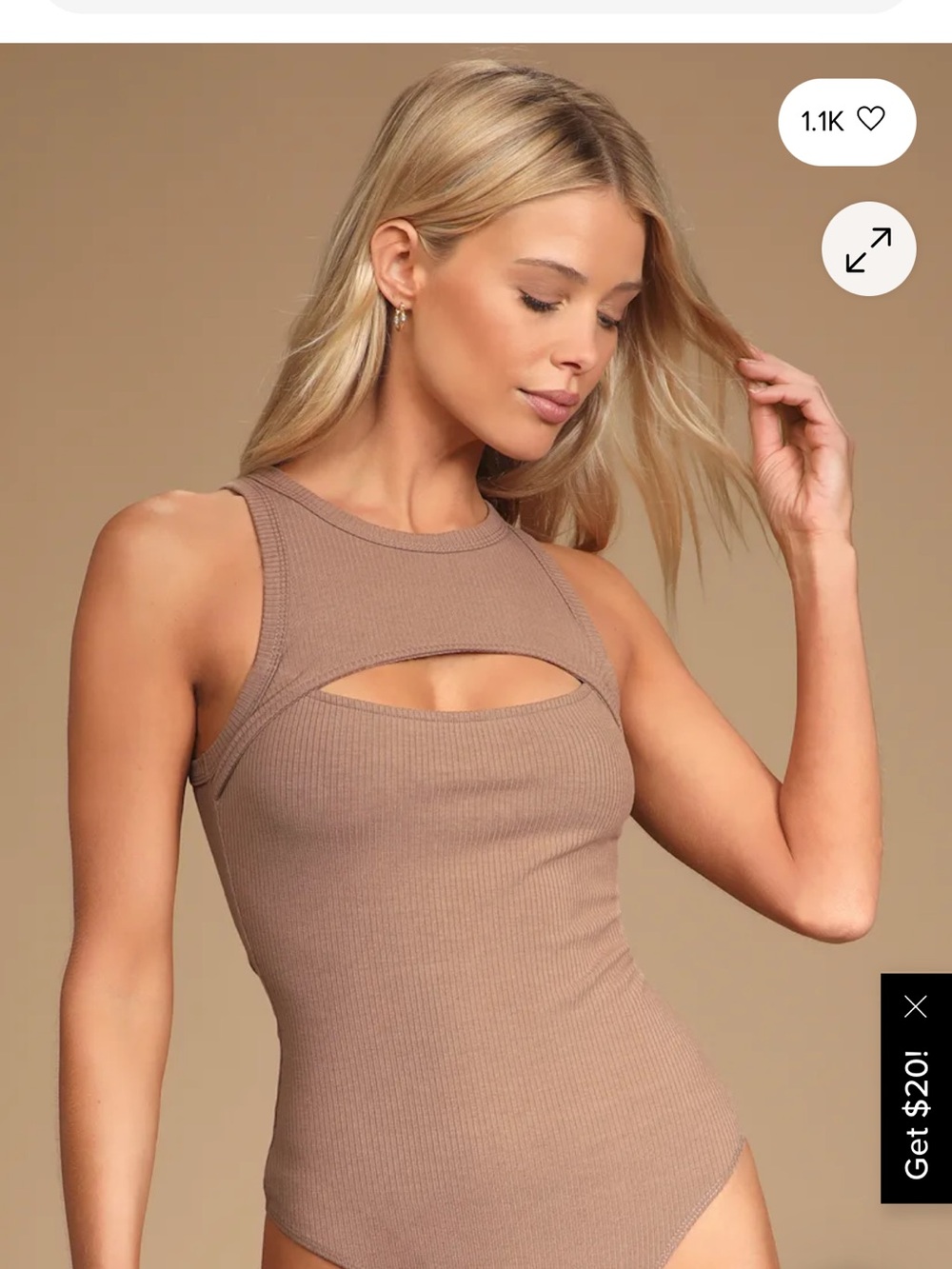 Lulu's Taupe Ribbed Cutout Sleeveless Bodysuit